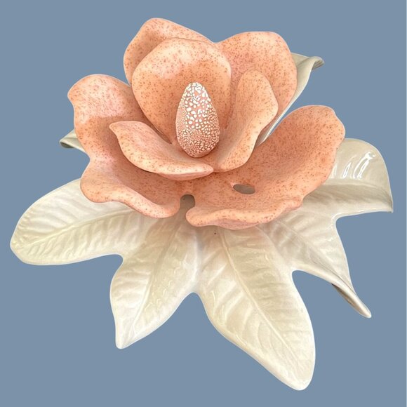 Jamar Mallory SIGNED Ceramic Art Floral Sculpture Peach Cream Magnolia Flower - Picture 6 of 8